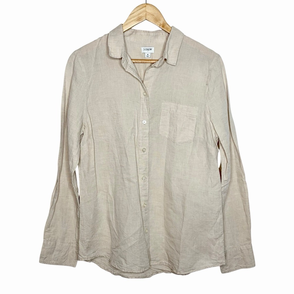 J Crew Linen Blend Button Up Shirt Tan Womens M Coastal Beach Nautical Preppy